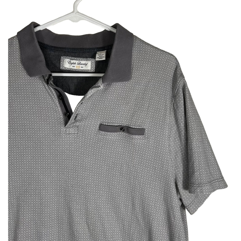 English‎ Laundry Mens Large Grey Geometric Micro Print Short Sleeve Polo Shirt L